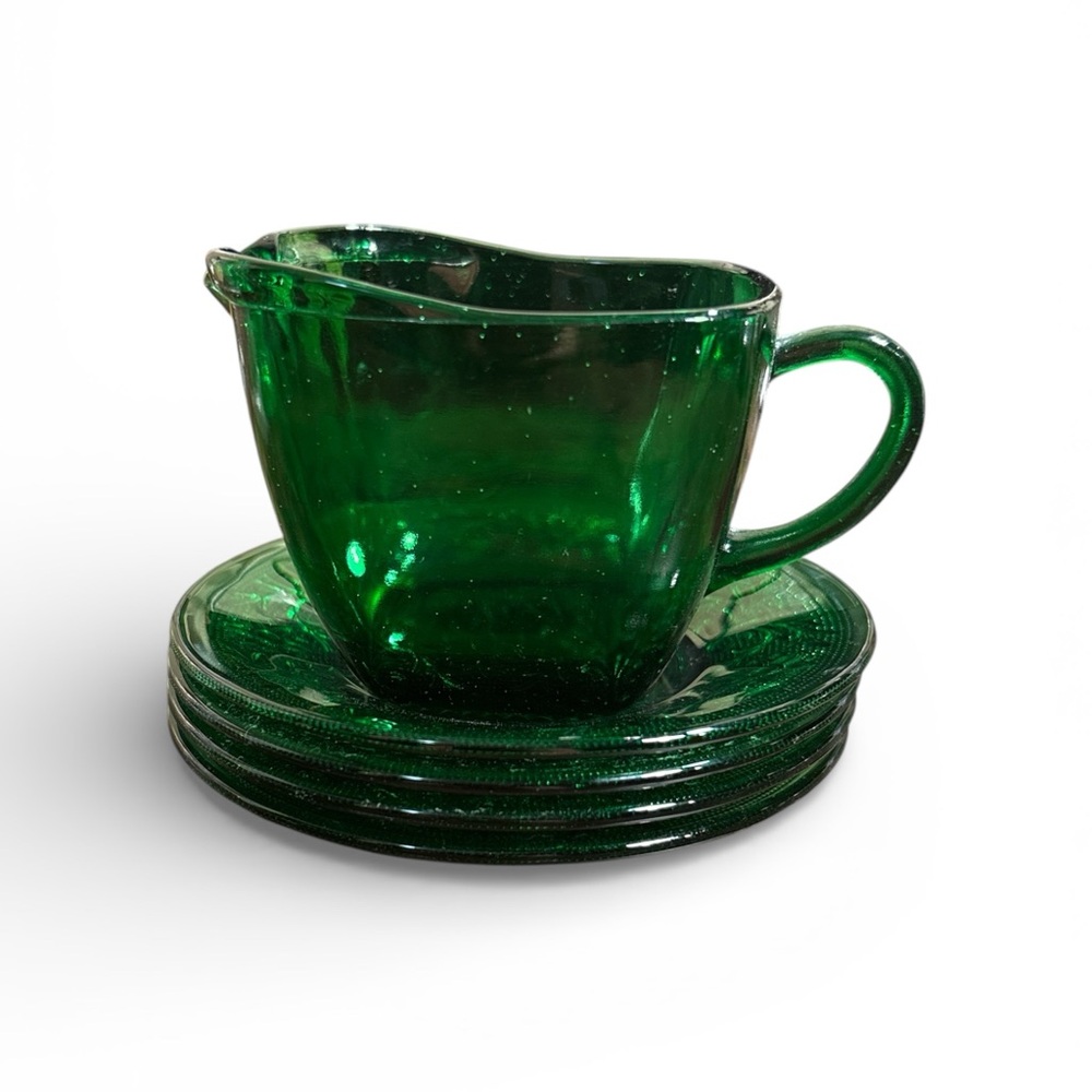 Green Glass Creamer & Plate Set Floral Pattern Glossy Finish 4-Piece Round